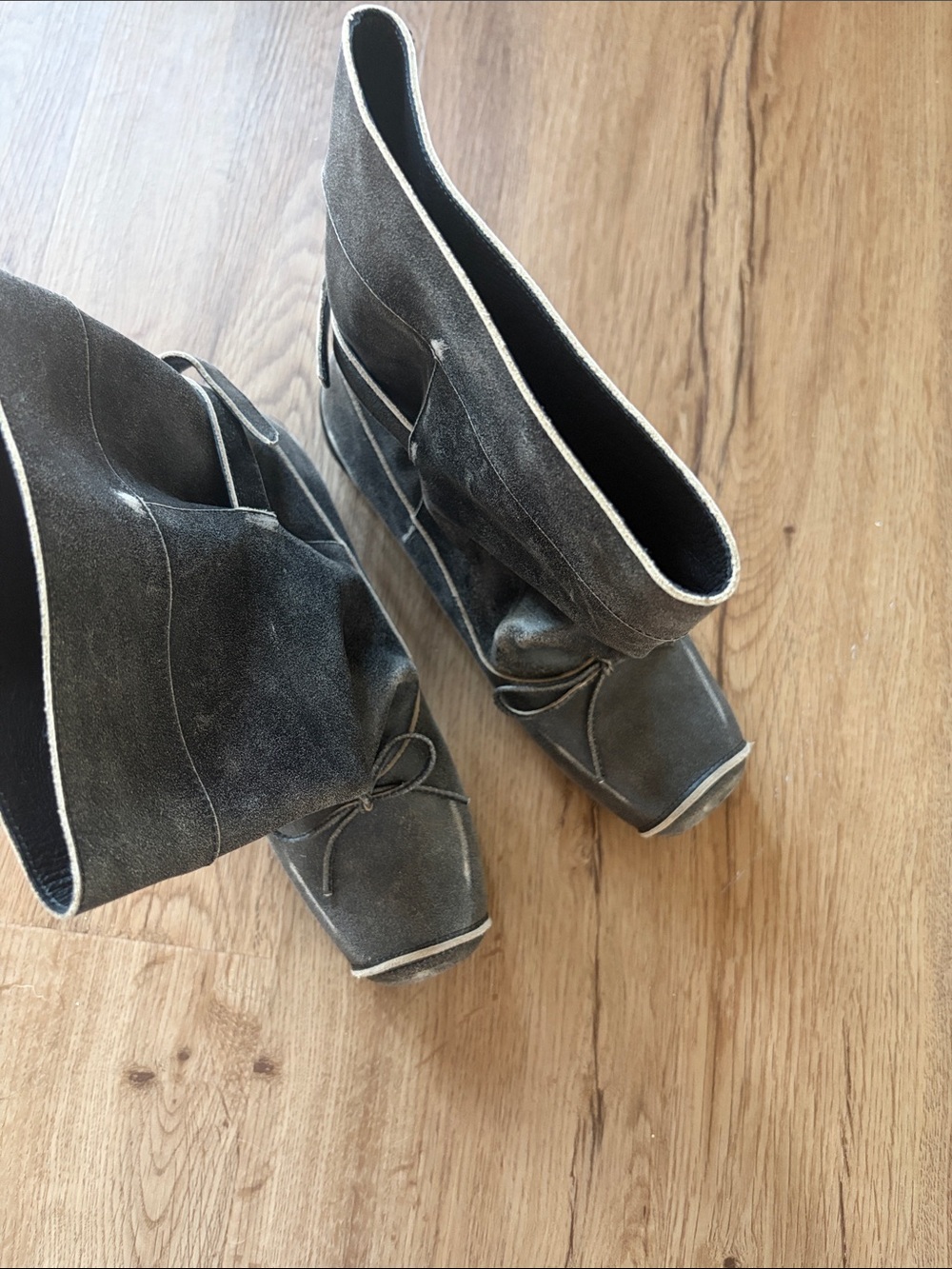 Women's Gray Suede Ankle Booties with Contrast Piping Ssense availible